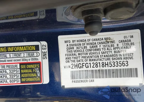 2008 Honda Civic Ex from USA, damaged, VIN 2HGFG12818H533563